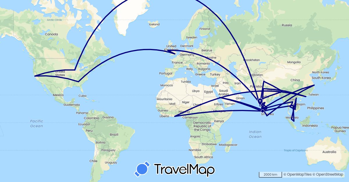 TravelMap itinerary: driving in China, United Kingdom, Ghana, Ireland, India, Cambodia, Laos, Sri Lanka, Malaysia, Saudi Arabia, Singapore, Thailand, United States, Vietnam (Africa, Asia, Europe, North America)